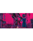 Cyberpunk 36x16 desk pad featuring Rei Ayanami and a colossal mecha beneath a vibrant pink sky for a deep, emotional aesthetic