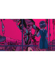 Neon cyberpunk 40x20 desk pad featuring Rei Ayanami reaching toward a colossal mecha under a vibrant pink sky for surreal beauty