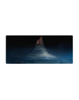 Midnight sky sci-fi desk mouse pad 28x12 inches with stars, deep blue clouds, and a ring tower.