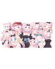 36x16 inches anime girl desk pad with Chika Fujiwara collage, cute bows, pastel pink and crisp black ribbons.