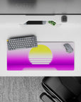 Compact 28x12 desk mat highlights pink-purple gradient and serene waters for immersive futuristic vibes