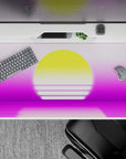 Sleek 40x20 desk pad showcases calm waters and vibrant sky reflections for an immersive retro-futuristic vibe