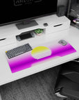 Small but impactful 32x12 desk mat showcases retro-futuristic vibes with striking synthwave artistry