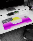 Futuristic simplicity design on 32x16 desk mat brings Synthwave Minimalist's vibrant aesthetic to life vividly