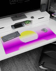 Tranquil artwork on 36x16 desk mat captures the essence of synthwave with vibrant colors and minimalist elegance