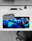 Dreamy cosmic anime girl mouse pad 28x12 inches in icy blue gradients with burgundy uniform accents.