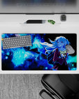 Cosmic neon-blue and icy gradients anime girl mouse pad 32x16 inches, glittering stars and soft vibe.