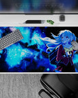 Cosmic anime girl desk pad 40x20 inches in neon blues with burgundy accents, soft magical night vibe.