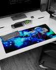 Schoolgirl anime desk pad 36x16 inches showing long flowing hair like a comet tail in outer space.