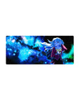 Anime girl mouse pad 28x12 inches with schoolgirl in a neon-blue galaxy and sparkling stars.
