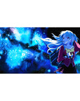 Anime girl desk pad 40x20 inches with dreamy schoolgirl drifting through a neon-blue galaxy and stars.
