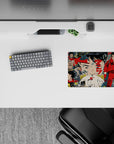 Neon red and gunmetal gray classic anime mouse pad 14x10 inches with bold ink lines and tense city mood.