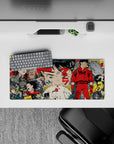 Neon red and gunmetal gray anime mouse pad 28x12 inches with ink-black line art, tense cyberpunk vibe.