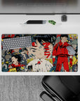 32x16 inches anime mouse pad in neon reds and gunmetal grays, ink-black lines, tense cinematic vibe.