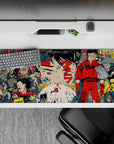 Neon red and gunmetal gray anime desk pad 36x16 inches, ink-black lines and tense cyberpunk mood.