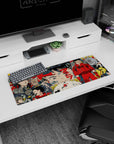 32x12 inches anime mouse pad featuring Kaneda in a red jumpsuit, calm stare amid urban turmoil.