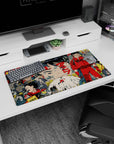 32x16 inches anime mouse pad featuring Kaneda in a red jumpsuit, calm stare amid urban chaos and bikes.