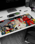 Kaneda in red jumpsuit staring forward on anime desk pad 40x20 inches, chaos crowding the edges.