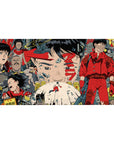 Akira collage anime desk pad 40x20 inches with Kaneda, bikes, soldiers, and gritty city panels.