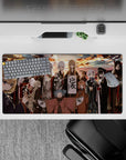 32x16 inches anime girl mouse pad in sunset gold and ember with smoky grays, deep reds, and ink-black accents.