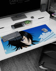 Artistic 36x16 inches mouse pad with Rukia Kuchiki, featuring a piercing gaze, soft blues, and crisp lines for an elegant Bleach look.
