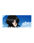 Mouse pad featuring Rukia Kuchiki, 28x12 inches, with soft blues and crisp lines for a simple and elegant Bleach-inspired design.