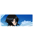 Compact 32x12 inches mouse pad with Rukia Kuchiki, showcasing soft blues, crisp lines, and her piercing gaze for an elegant look.