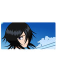 Mouse pad with Rukia Kuchiki, 32x16 inches, showcasing soft blues, crisp lines, and her piercing gaze for an elegant and simple design.