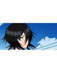Mouse pad featuring Rukia Kuchiki, 36x16 inches, with soft blues, crisp lines, and her piercing gaze for a Bleach-inspired tribute.