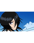Mouse pad featuring Rukia Kuchiki, 40x20 inches, with crisp lines, soft blues, and her piercing gaze for an elegant Bleach-inspired design.