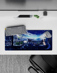 28x12 inches anime girl mouse pad in dreamy night blues with neon sky, soft city lights, cozy late-night vibe.