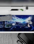 Night-blue 36x16 inches anime desk pad with dreamy neon sky, soft city lights, and cozy late-night vibe.