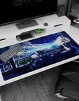 Fox-eared anime girl on balcony desk pad 40x20 inches with two cute animal friends reading beside her.