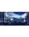 Anime girl desk pad 36x16 inches with fox-eared balcony scene, neon skyline, and cute animal friends.