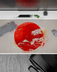 40x20 inches desk pad with a Japanese sunrise, showcasing a bold red sun, Mount Fuji, and birds for a serene and culturally rich design.