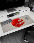 Artistic 36x16 inches desk pad featuring a Japanese sunrise, blending a red sun, Mount Fuji, and birds to evoke harmony and tranquility.