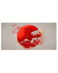 Mouse pad featuring a Japanese sunrise, 32x16 inches, with a red sun, Mount Fuji, and birds for a peaceful, cultural workspace design.