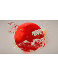 Desk pad featuring a Japanese sunrise, 40x20 inches, with a bold red sun, Mount Fuji linework, and soaring birds, evoking peace and harmony.