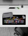 Bold red, icy blue, military green and neon magenta anime mouse pad with hangar poster vibe, 28x12 inches.
