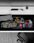 Bold reds, icy blues, military greens and neon magentas on anime desk pad 36x16 inches, hangar poster vibe.