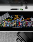 Retro hangar poster vibe anime desk pad 40x20 inches in bold reds, icy blues, greens, and neon magenta.