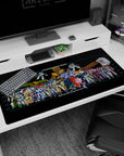 Macross Valkyrie battroid parade on an anime desk pad 40x20 inches, stacked mecha with tech markings.