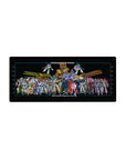 Macross mecha manual size chart desk mat, battroid silhouettes and tech grid, 28x12 inches.