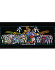 Macross mecha manual size chart lineup anime desk pad 36x16 inches with grid lines and tech labels.