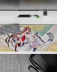 Warm cream, gold, and blush anime desk pad 36x16 inches with soft petals and crisp linework.