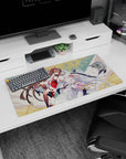 Two graceful anime girls sweeping in flowing miko robes on a 32x16 inches mouse pad with ribbons.