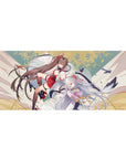 Anime girl desk pad 36x16 inches with two shrine-style girls in white and red robes, flowing ribbons.