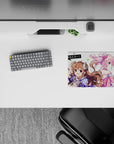 Pastel pink and brown anime girl mouse pad 14x10 inches, airy white space, cute cozy desk vibe.