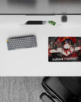 Dark romance anime mouse pad 14x10 inches in deep reds and smoky blacks with bold textured splash accents.