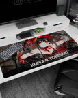 Kurumi Tokisaki grinning mouse pad 40x20 inches, mismatched eyes, crimson ribbons, urban scene.